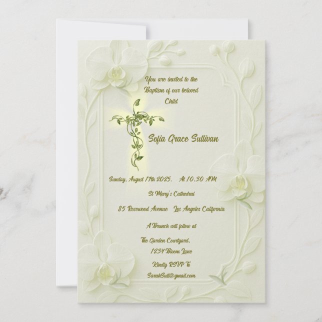 Weißer Orchid & Vine Taufen Einladung (Vorderseite)