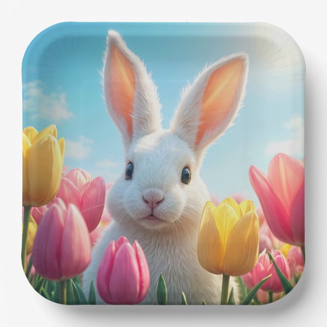 Weißer Osterhase in Tulip Pappteller (Vorderseite)