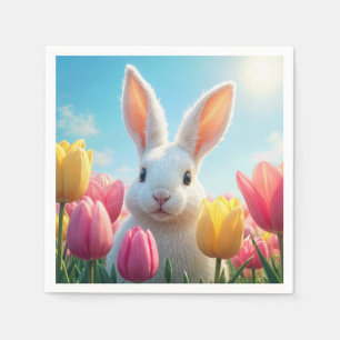 Weißer Osterhase in Tulpen Serviette