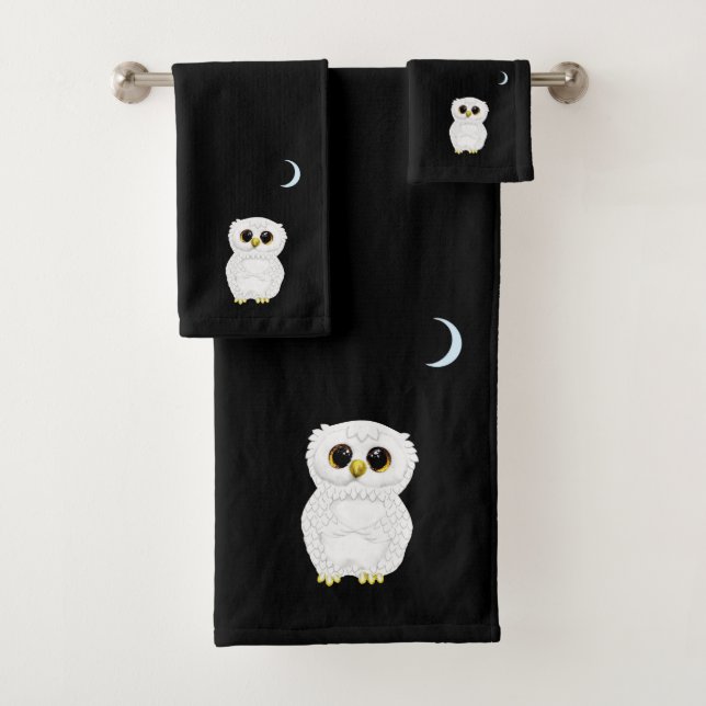 Weißer Owl & Halbmond auf schwarz Badhandtuch Set (Insitu)