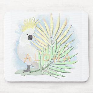 Weißer Papageienkakadu in palmenfarbenen Blätter. Mousepad