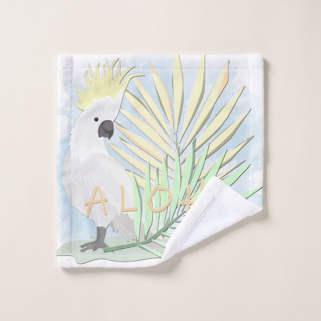 Weißer Papageienkakadu in palmenfarbenen Blätter. Waschlappen (Waschlappen)