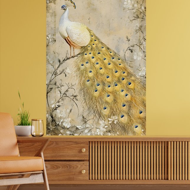 Weißer Pfau auf einem Ast sitzend.   Poster (Wohnzimmer 2)