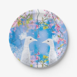 Weißer Pfau und blühende Sakura / Romantische Lieb Pappteller