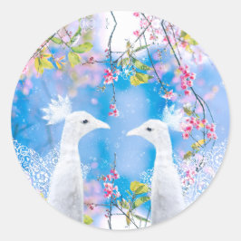Weißer Pfau und blühende Sakura / Romantische Lieb Runder Aufkleber
