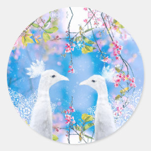 Weißer Pfau und blühende Sakura / Romantische Lieb Runder Aufkleber