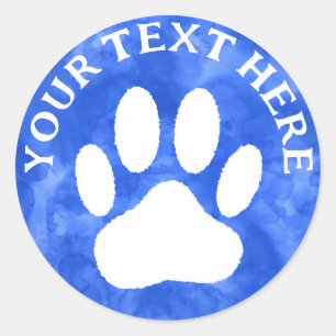 Weißer Pfotenabdruck bearbeitbarer Text Blaue Wass Runder Aufkleber