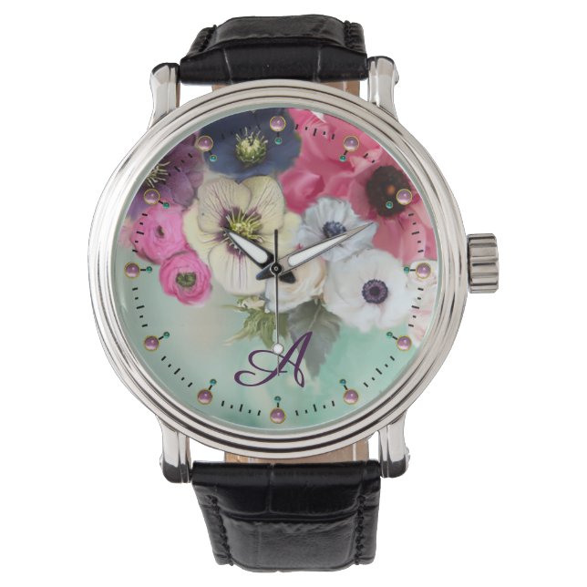 WEISSER PINK FUCHSIA ROSE, ANEMON-BLUME MONOGRAMM ARMBANDUHR (Vorderseite)