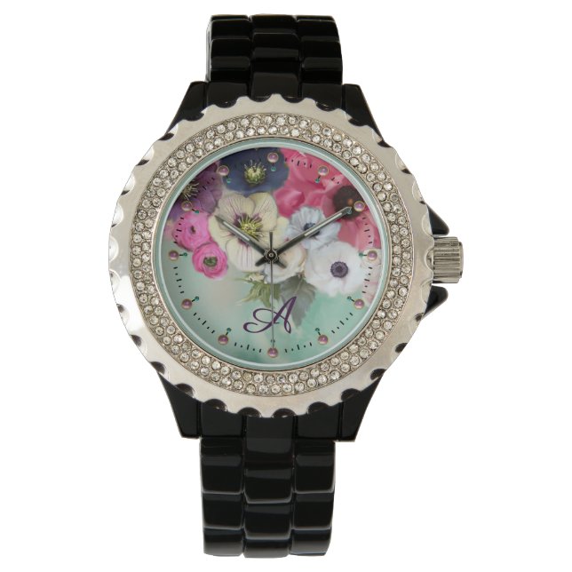 WEISSER PINK FUCHSIA ROSE, ANEMON-BLUME MONOGRAMM ARMBANDUHR (Vorderseite)