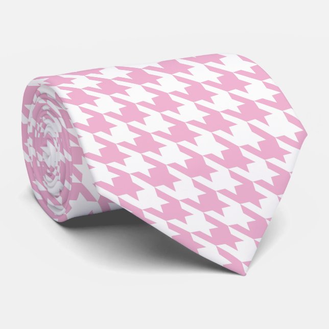 Weißer Pink Pied de Poule Houndstooth Krawatte (Gerollt)