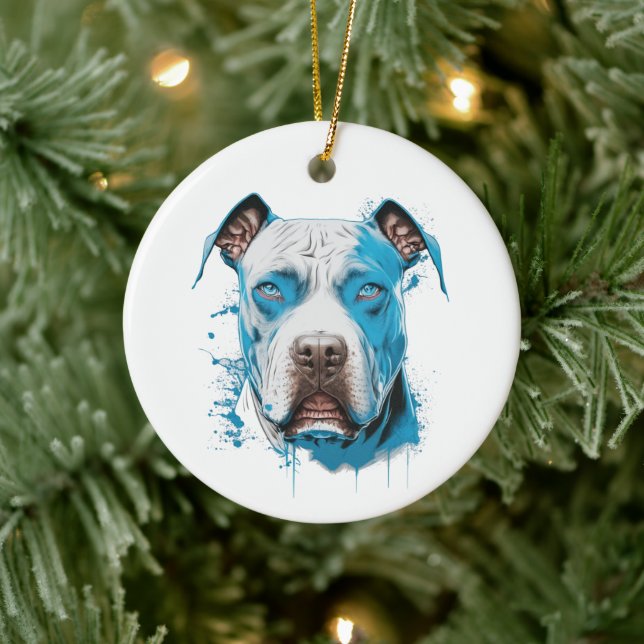 Weißer Pitbull mit blauen Augen Keramik Ornament (Baum)