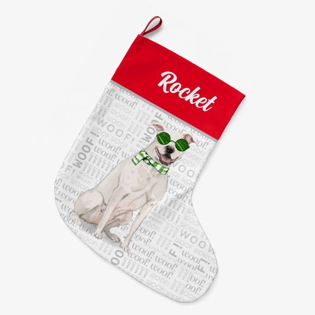 Weißer Pitbull mit Hundename Großer Weihnachtsstrumpf (Vorderansicht (hängend))