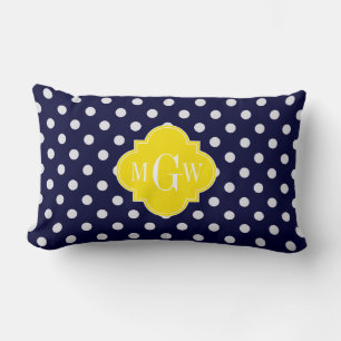 Weißer Polka Dots Gelbes Quatrefolien 3 Monogramm Lendenkissen