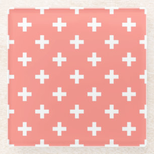 Weißer Polka-Kreuz auf Pfirsich Glasuntersetzer
