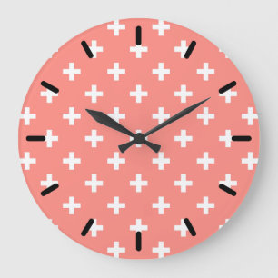 Weißer Polka-Kreuz auf Pfirsich Große Wanduhr