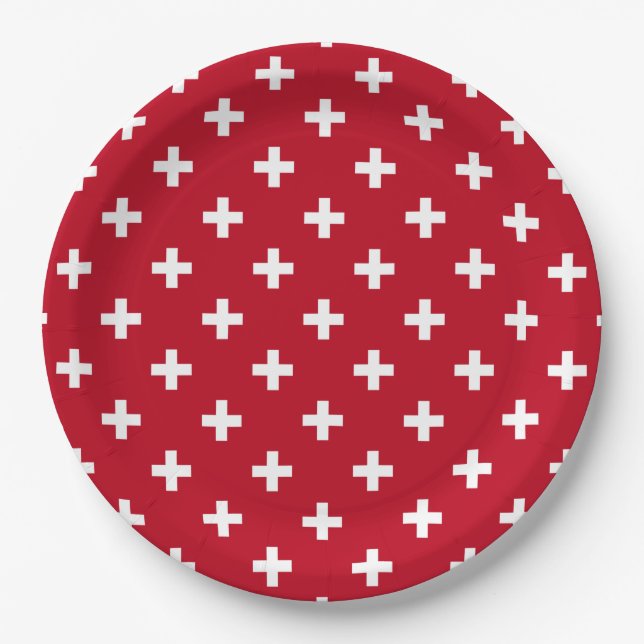 Weißer Polka kreuzt auf rot Pappteller (Vorderseite)