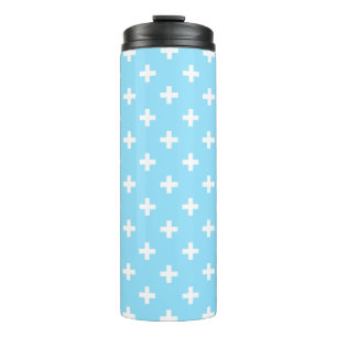 Weißer Polka kreuzt in Babyblau Thermosbecher