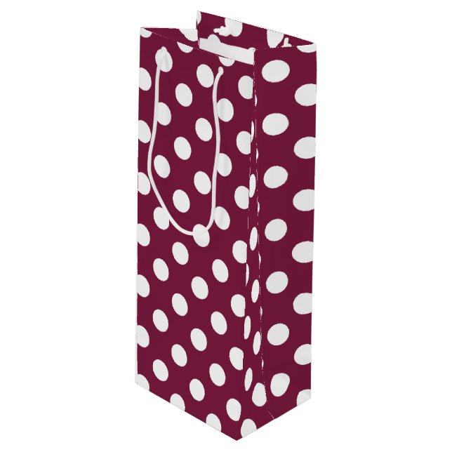 Weißer Polka-Punkte auf Bordeaux Geschenktüte Für Weinflaschen (Vorderseite Schrägansicht)
