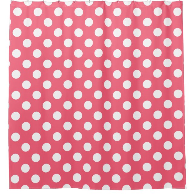 Weißer Polka Punkte auf Korallen Duschvorhang (Vorderseite)