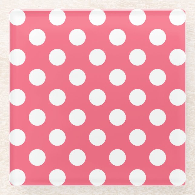 Weißer Polka Punkte auf Korallen Glasuntersetzer (Vorderseite)