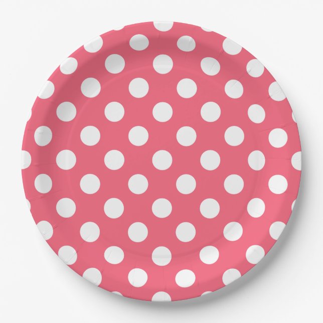 Weißer Polka Punkte auf Korallen Pappteller (Vorderseite)