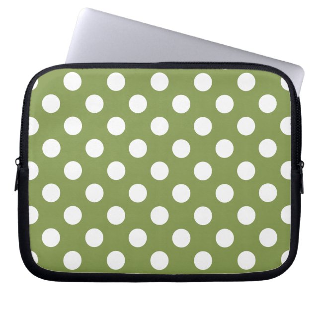 Weißer Polka Punkte auf Olivengrün Laptopschutzhülle (Vorderseite)