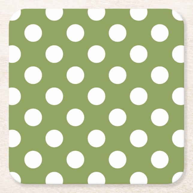 Weißer Polka Punkte auf Olivengrün Rechteckiger Pappuntersetzer (Vorderseite)