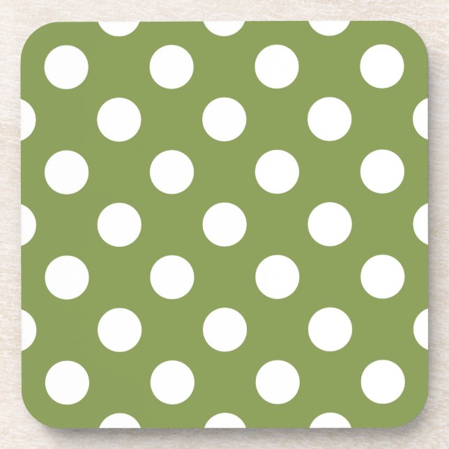 Weißer Polka Punkte auf Olivengrün Untersetzer (Vorderseite)