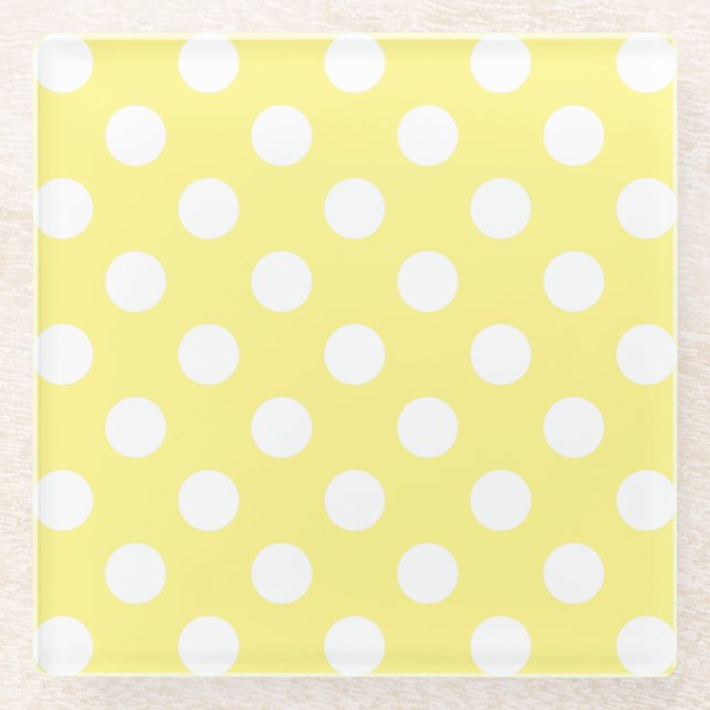 Weißer Polka Punkte auf Zitronengelb Glasuntersetzer (Vorderseite)