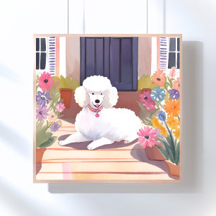 Weißer Pudel   Hund Haustier Wasserfarbe Blumen Poster