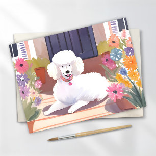 Weißer Pudel Hund Haustier Wasserfarbe Blumen Postkarte