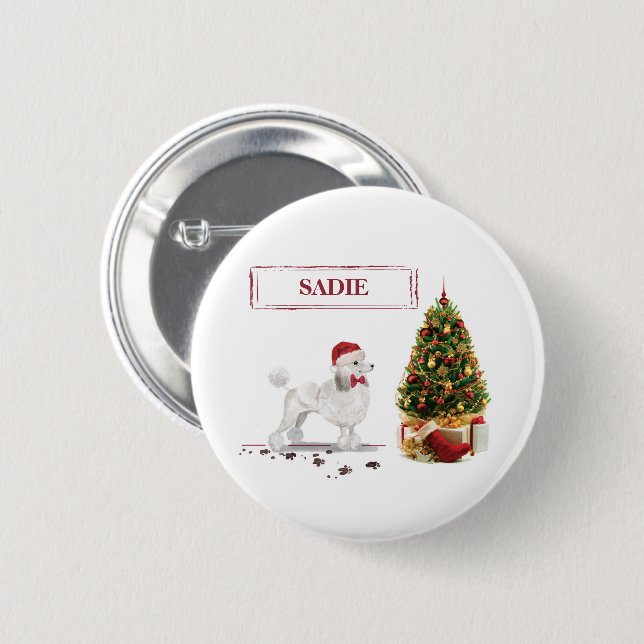 Weißer Pudel Lustiger Weihnachtshund mit Baum Button (Vorne & Hinten)