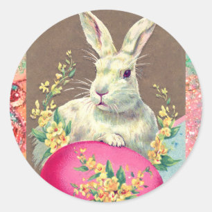 WEISSER RABBIT MIT OSTEREN EI- UND FRÜHBLUMEN RUNDER AUFKLEBER