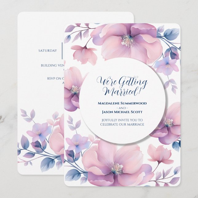 Weißer Rahmen blauer Lila Blumenhintergrund Einladung (Vorne/Hinten)