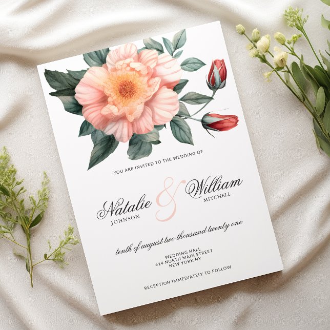 Weißer Rosa Blütensaft Rosa Blütenhochzeit Einladung (Watercolor white blush pink green floral wedding)