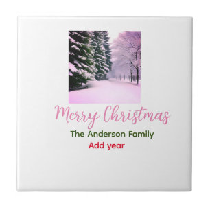 Weißer rosa Schnee frohe Weihnachten Familienname Fliese