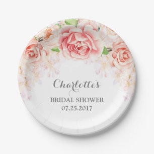 Weißer rosa Watercolor-BlumenBrautparty Pappteller