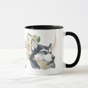 Weißer Rose Bouquet Siberischer Husky Hund Tasse