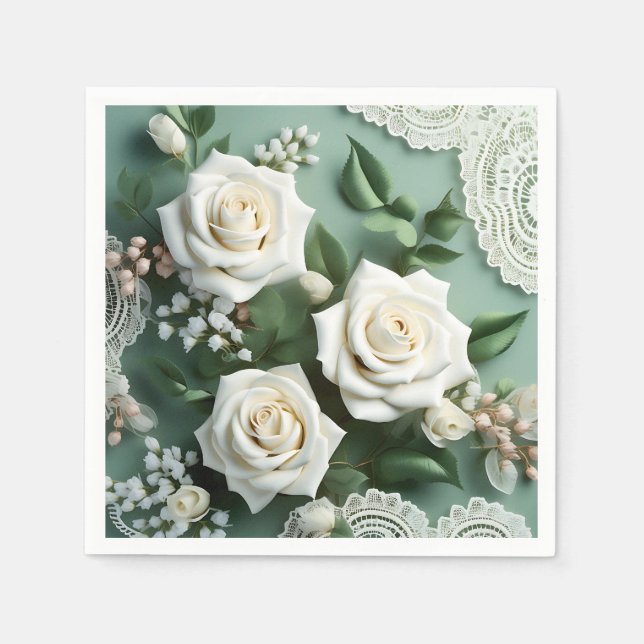 Weißer Rosen und grüne Blätter Serviette (Vorderseite)