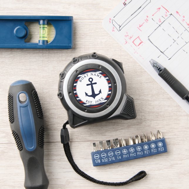 Weißer roter Navy Blue Stripes Boat Anchor Nautic Maßband (Werkstatt)