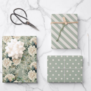 Weißer Salbei Grüne Florale Gestreifte Tupfen Geschenkpapier Set