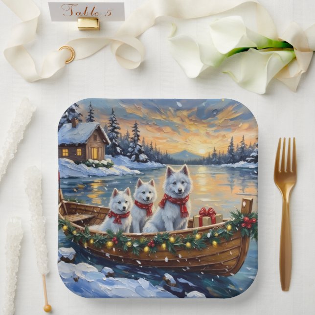 Weißer Samojede Weihnachtsboot Urlaub Pappteller (Hochzeit)