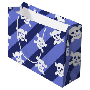 Weißer Schädel und Kreuzknochen auf blauen Streife Große Geschenktüte