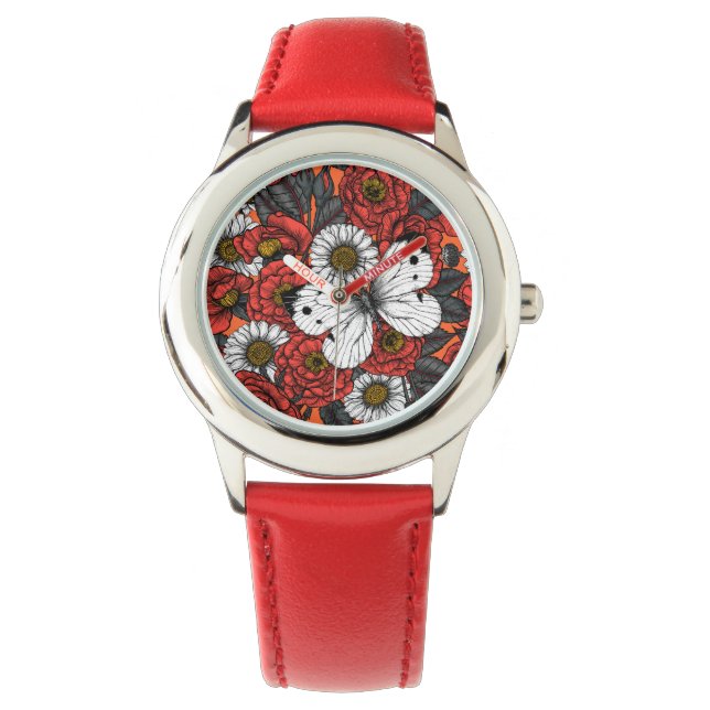 Weißer Schmetterling und Rose Armbanduhr (Vorderseite)