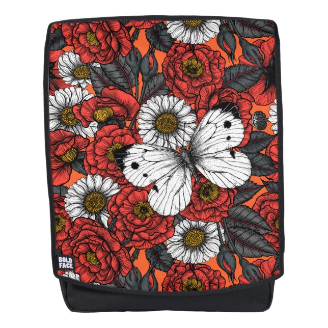 Weißer Schmetterling und Rose Rucksack (Vorderseite)