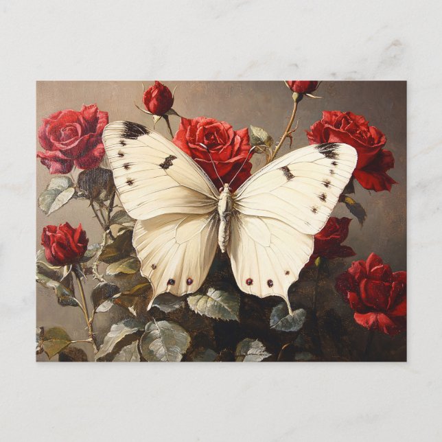 Weißer Schmetterling unter lebendigen Rote Rosen Postkarte (Vorderseite)