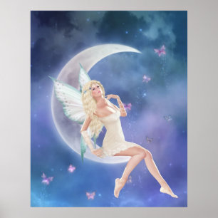 Weißer Schmetterlings-feenhafter Mond-Plakat-Druck Poster