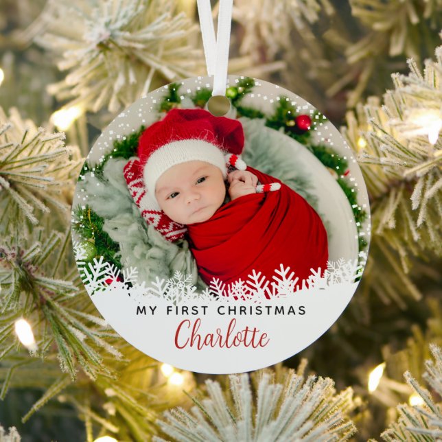 Weißer Schnee Erste Weihnachtsfeier Kariertes Foto Ornament Aus Metall (InSitu)