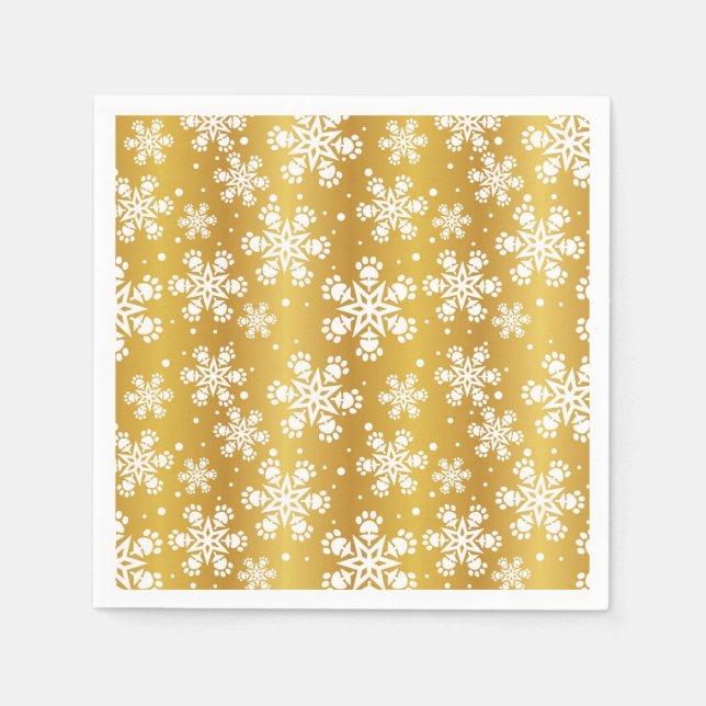 Weißer Schneeflocken auf Gold mit Pfotenmuster Serviette (Vorderseite)
