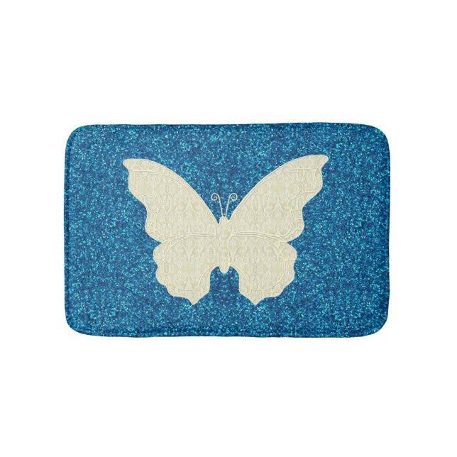 Weißer Schnürsenkel auf blauem Glitzer Badematte (Vorderseite)